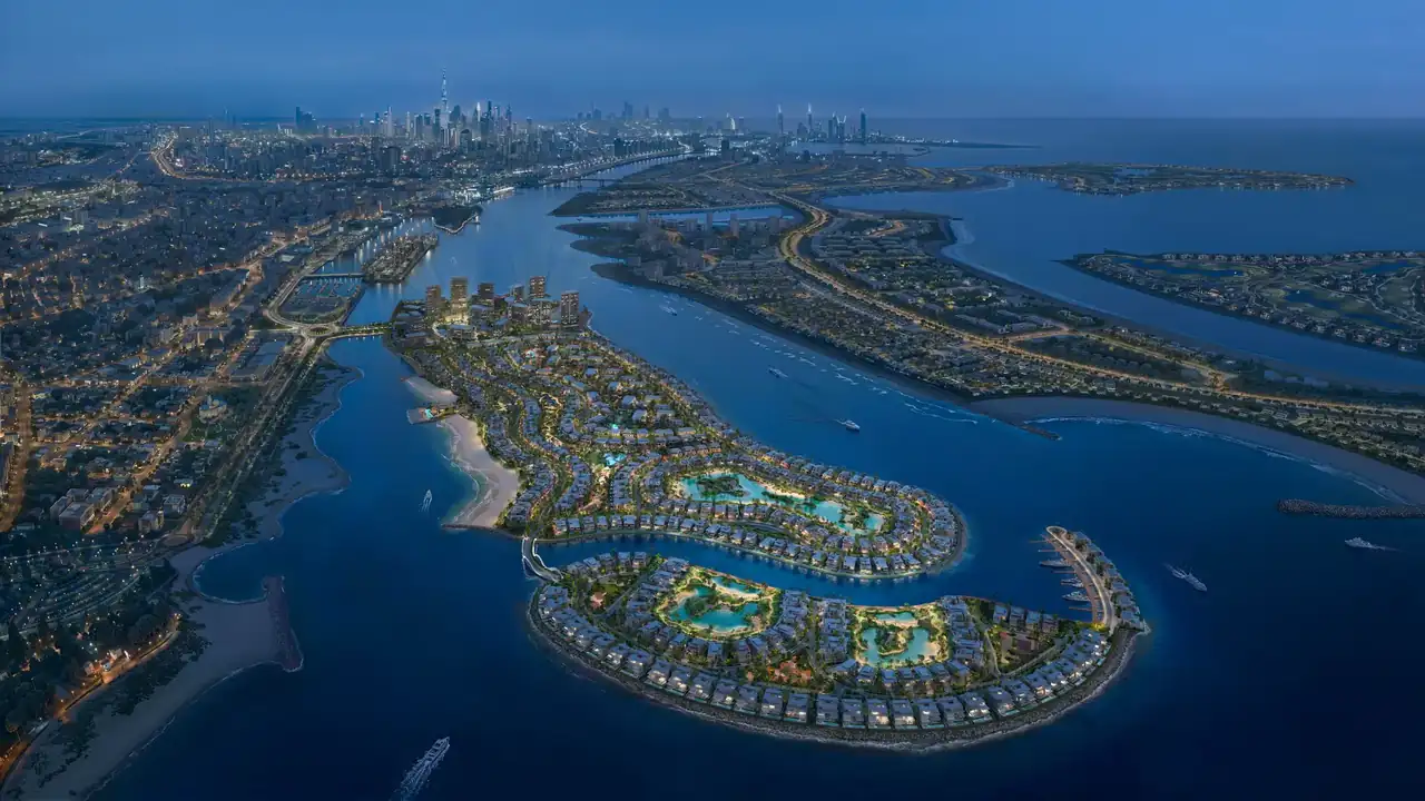 Dubai Islands上空から見たBAY ESTATEと周辺の島々の完成予想図