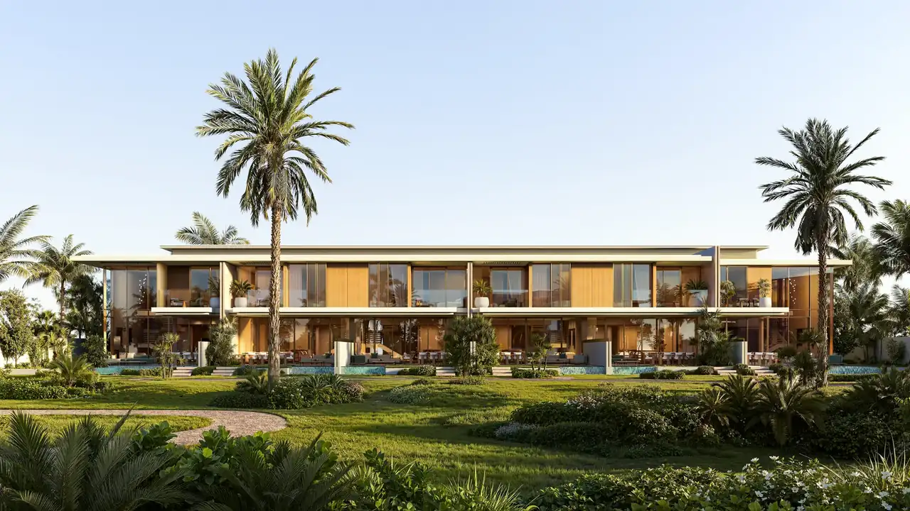 6連棟タウンハウスが並ぶ街並みの完成予想図